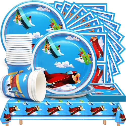Huaxintoys 53 Piece Aeroplane Theme Party Tableware, Aeroplane Party Decoration Set, Paper Airplane Party Supplies Decorations, Paper Cups, Plates, Napkins, Tablecloth, Tableware for Children's Party,