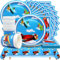 Huaxintoys 53 Piece Aeroplane Theme Party Tableware, Aeroplane Party Decoration Set, Paper Airplane Party Supplies Decorations, Paper Cups, Plates, Napkins, Tablecloth, Tableware for Children's Party,