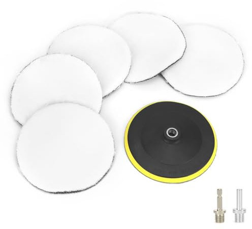QWORK® 5 Pezzi lucidatura Pad Lana da 180 mm, Set di lucidatura Auto, per smerigliatrici angolari, Trapani manuali e lucidatrici, con Adattatore per Trapano M14
