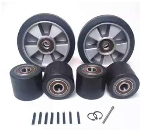 Roue de palette, roues de guidage, rouleaux de transpalette en caoutchouc, ensemble complet de 2 roues de direction 180 x 50 mm, 4 rouleaux de charge avant 80 x 60 mm avec roulements ID 20 mm, rouleme