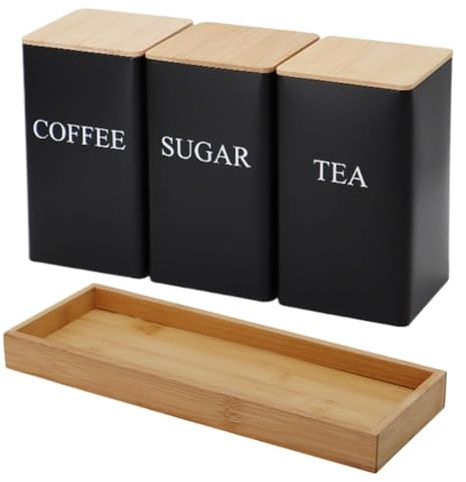 Erpmlyo 3PCS Set Tea Coffee Sugar Canister Set with Tray Iron Tea and Coffee Jars with Bamboo Lid Coffee Sugar Tea Containers A