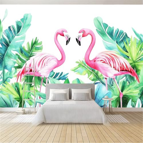 Papier Peint Panoramique Animaux Flamant Rose Feuilles De Palmier Personnalisé 3D Papier Peint 200 x 140 cm Revêtement mural décoration pour Salon Cuisine Etude Chambre Adulte, D'enfant Coloré