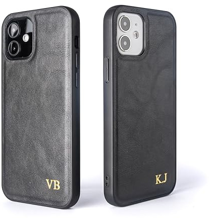 Quve - PU leather Phone case, Compatible with iPhone 16 Plus, Personalised Custom Initials or Name Phone case, Leather cover (For iPhone 16 Plus, Black)