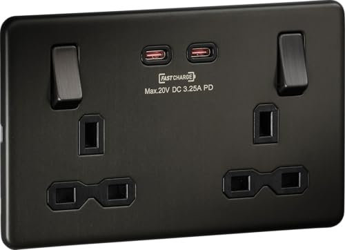 Screwless Double Switched Socket with Dual USB-C [65W Fast Charge] – Smoked Bronze