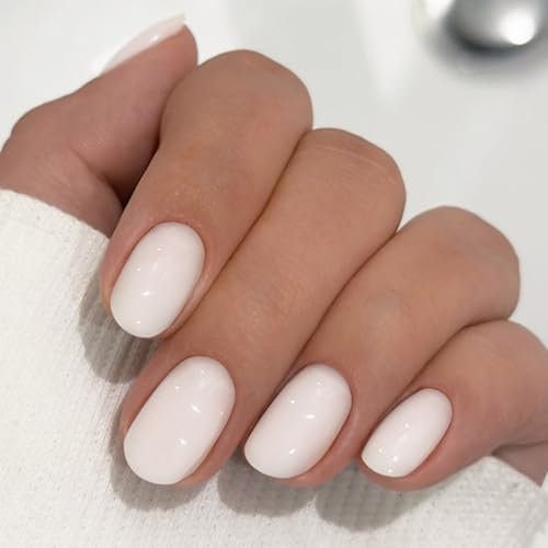 24 Pièces Amande Faux Ongles Court, Couleur Pure Ongles à Coller, Ovale Naturel French Press on Nails, Couverture Complète Acrylique Artificiel Capsules Ongles pour Femmes Filles (Blanc Élégant)