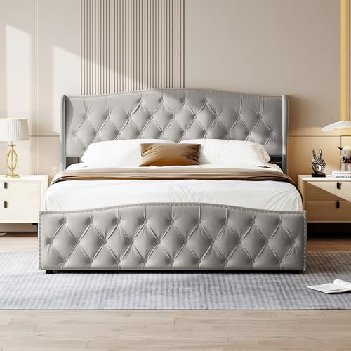 WOBOPCG Polsterbett Doppelbett 160x200,Hydraulisch Stauraumbett Stauraumbett mit Lattenrosten Doppelbett mit Stauraum Funktionsbett Bett mit Stauraum (Grau+Flanell, 160x200)