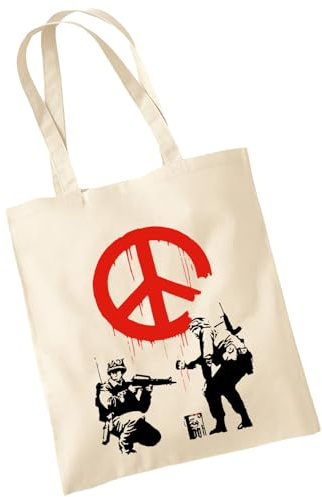 OM3 Baumwolltasche mit Spruch - Banksy War Peace - Graffiti Art - Statement - Baumwollbeutel - Tasche - Lange Henkel