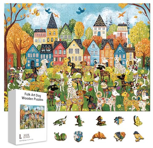 GLOBLELAND 300Pcs Folk Art Dogs Wooden Jigsaw Puzzles for Adult Art Colorful Unique Shaped Animals Bird Jigsaw Puzzles Colorful for Adults Christmas Halloween Birthday