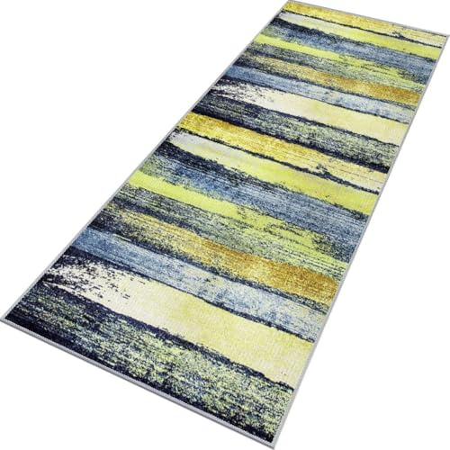 Teppich Läufer Flur rutschfest Küchenteppich Fußmatte 90X400CM Waschbar Gelb-Grün Blau Modern Teppichläufer Meterware Schmutzfangmatte Teppichläufer für Flur Küche Eingang Wohnzimmer Schlafzimmer