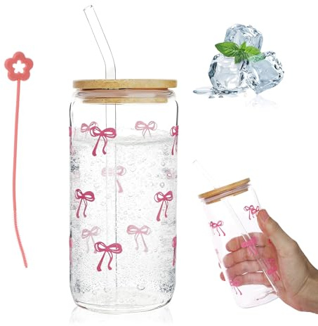Bow Trinkbecher mit Deckel & Strohhalm,500ml Glasbecher,Rosa Schleife | Matcha Gläser, Vielseitiges Trinkglas für Bubble Tea Kaffee Smoothie Cocktails und Mehr