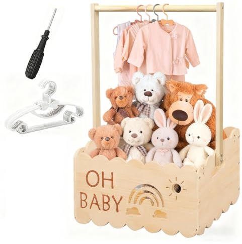 Holz Baby Geschenk Korb mit Griff und 5 Kinder Kleiderbügel, Babyparty Schrank Holz Baby Aufbewahrungskorb, Personalisierte babykorb Holzkiste für Geburtstage Weihnachten Neue Eltern (Regenbogen)