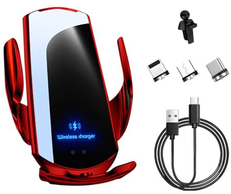 MUQIDA Chargeur de voiture sans fil, 15 W, charge rapide, support de téléphone à fixation automatique, chargeur électrique à induction, support magnétique rotatif à 360° pour smartphones (rouge)