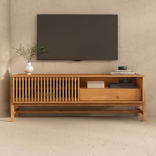 IDIMEX Adamo Lowboard 145 cm aus Massivholz, Eiche Finish - TV Lowboard mit Lamellen-Schiebetür, Wohnzimmermöbel mit Stauraum, Wohnzimmer Sideboard, TV Schrank mit Schublade und offenes Fach