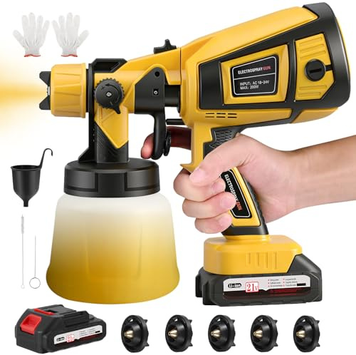Akku Farbsprühsystem,Sprühpistole Wandfarbe mit 21V, Akku Farbspritzpistole mit 5 Düse, Akku Spritzpistole mit 2 x 3000mAh, Wände, Decken, Hausanstrich und Außenbereich (Gelb)
