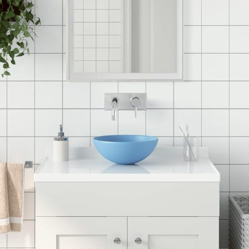 Waschbecken Keramik Hellblau Rund Aufsatzwaschbecken 280 mm Durchmesser 100 mm Höhe ohne Überlauf für Badezimmer Gäste WC Sanitär Renovierung mit 45 mm Abfluss