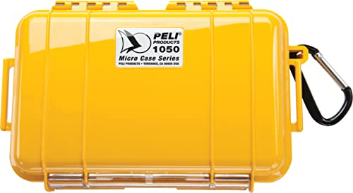 PELI 1050 Micro Case-Bruchsicher für Smartphone und Accessoires, IP67 Wasserresistent, 1L Volumen, Farbe Gelb, mit Schwarzer Gummieinlage