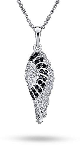 Bling Jewelry Zweifarbiger Pave Schwarz Weiß Cubic Zirkonia CZ Spiritueller Schutzengel Flügel Feder Anhänger Halskette Für Frauen Für Teenager Versilbert