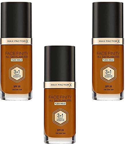 3 x Max Factor Face Finity Flawless 3 in 1 Foundation 30ml - 100 Sun Tan