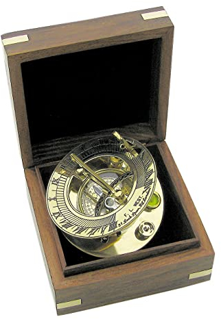 Kompass - Sonnenuhr Messing, Ø: 8cm, in der Holzbox