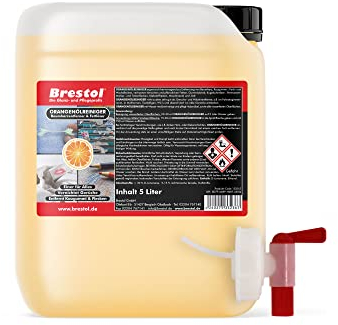 Brestol ORANGENREINIGER 5 Liter inkl. Auslaufhahn 51 mm - Universalreiniger Fett Öl Kaugummi Baumharz Entferner Baumharzentferner Geruchsneutralisierer Orangenölreiniger