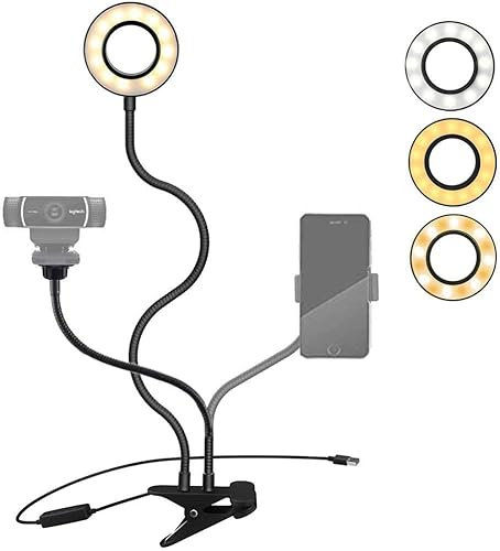 Tencro Webcam Light Stand for Live Stream/Makeup, LED Camera Selfie Ring Light [3-Mode, 10-Level] with Webcam Mount & Phone Holder for iPhone, Android, Logitech C925e, C922, C930, C920, C615, Etc.
