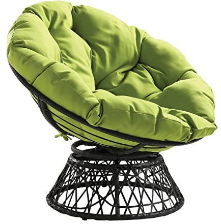 OSP Home Furnishings Wicker Papasan Chair with 360-Degree Swivel, 40” W x 36” D x 35.25” H, Grey Frame with Green Cushion