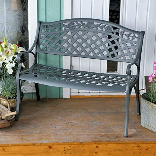 Lazy Susan Rose Cast Aluminium Garden Bench, Weatherproof, Maintenance-free, Slate Grey Finish, Green Cushion