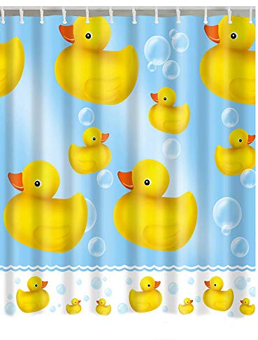 1 x Duschvorhang, blauer Hintergrund mit gelben Enten in Schwimmblase.