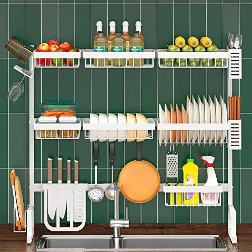 PUSDON Escurridor de platos grande ajustable de acero inoxidable para almacenamiento y organización de cocina, color blanco, 3 niveles, estándar (34-46 pulgadas)