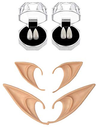 Holibanna 8Pcs Halloween Vampire Teeth and Ears Vampire Teeth Fangs Ears Fairy Pixie for Halloween Party Supplies