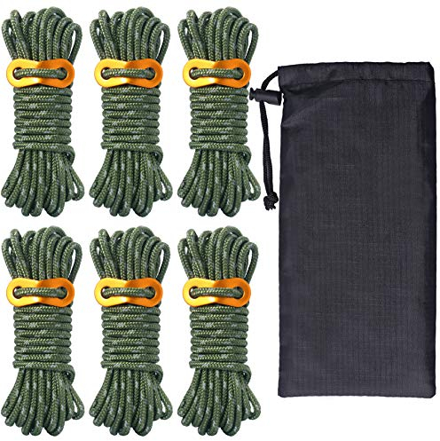 Guy Rope 4mm Reflective Cord Guy Line Tent Guide Rope with Aluminum Adjuster 13 Feet 6 Pack for Tent Tarp Outdoor Packaging (Army green)