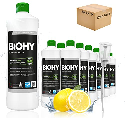 BiOHY Scouring Milk (12 x 1l Bottle) + Dispenser | effortlessly removes Burnt-in Food residues | Thorough Cleaning Without Scratching | for Enamel, Ceramic & Stainless Steel (Scheuermilch)