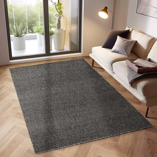 SIMPEX Moderner Kurzflor Teppich Wohnzimmer Schlafzimmer Küchenteppich Läufer Flur Teppichläufer Meliertes Design Weich und Pflegeleicht Jute Rücken, Farbe: Anthrazit, Größe: 140 x 200 cm