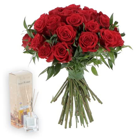 KENTIS - Bouquet 36 Rose Rosse con Diffusore per Ambiente - Mazzo Fiori Veri a Domicilio - Fiori Freschi Idea Regalo con Biglietto Personalizzato per Lei per Lui San Valentino