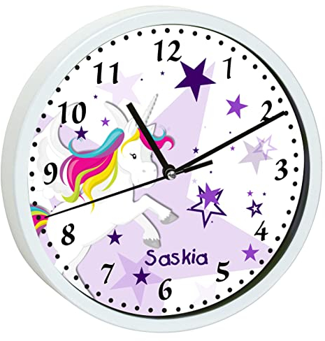 CreaDesign, Wanduhr für Kinderzimmer Einhorn Sterne lila, Kinderuhr weiß mit Quarz Uhrwerk, personalisiert mit Name, Durchmesser 19,5 cm