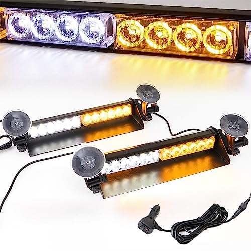 16 Zoll LED-Notwarnlicht Warnleuchte - Gelbes Stärke Blinklicht - LED Stroboskop-Lichtleiste Bernstein Gelb für Auto & LKW - 24 LEDs, 9 Blinkmodi, 4 Saugnäpfe (Orange/Weiß)
