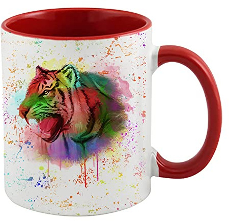 Tiger Design Water Colour Painting Rainbow Art Birthday, Christmas, Secret Santa Coffee Tea Cocoa Soup Daily use Inside Coloured Ceramic Cup Mug. (Red)