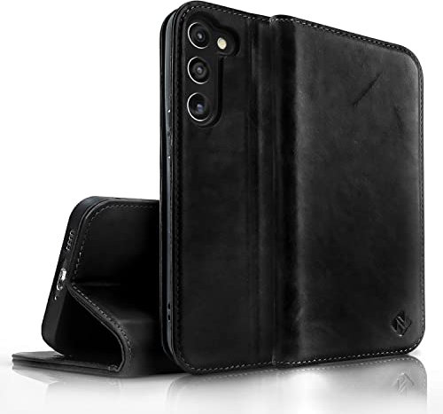 NALIA Echt-Leder Flip-Case kompatibel mit Samsung Galaxy S23 Plus Hülle, 360 Grad Bookcase, RFID-Schutz, Klapphülle mit Kartenfächern und Magnetverschluss, Handyhülle mit Standfunktion, Farbe:Schwarz