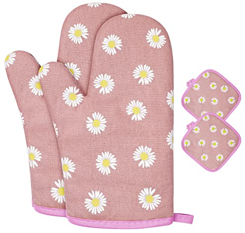 AUAUY 1 Paar Ofenhandschuhe und 2 Topflappen, Baumwolle Rutschfeste Topfhandschuhe, Waschbare Backofenhandschuhe, Hitzebeständig [bis 180°C/356°F] Kochhandschuhe zum Kochen Backen Grillen(Rosa Blumen)