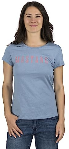 MUSTANG Damen T-Shirt Rundhals O-Neck Basic Slim Fit Kurzarm Logo Print Sommer Shirt 100% Baumwolle Weiß Blau Grün Rot S M L XL XXL, Größe:L, Farbe:Hellblau (1014023-5124)
