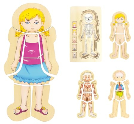 WOODENFUN Mein Körper Puzzle für Kinder 3-5, Montessori Anatomie Spiel Set, Schichtpuzzle für Vorschulkinder und Kinder ab 3 Jahren (Mädchen)
