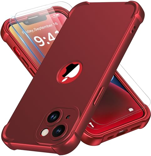 ORETECH Compatibile con Cover iPhone 14 Plus,Custodia iPhone 14 Plus con 2 x Pellicola Protettiva Vetro Temperato Ultra Sottile Antiurto Hard PC Silicone Anti Graffio Cover - Rosso