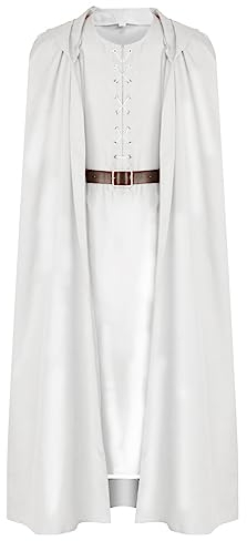 Seaehey Gandalf Cosplay Kostüm Weiß Umhang mit Kapuze Zauberer Robe Lang Tunika Oberteile und Gürtel Set Gandalf Weiß Kostüm Mittelalter Mönch Umhang für Halloween