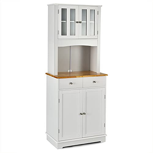 COSTWAY 170cm Tall Kitchen Cupboard, Buffet Pantry Storage Cabinet with Rubber Wood Countertop, Tempered Glass Doors, Adjustable Shelves & 2 Drawers, Dining Room Wooden Sideboard Organizer