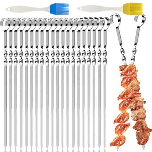 20 Pièces Brochettes Pour Barbecue,Brochettes à Viande En Acier Inoxydable Avec 2 Pinceaux à Huile,Brochette Réutilisables,Brochettes En Métal,Pour Barbecue Viande Légumes