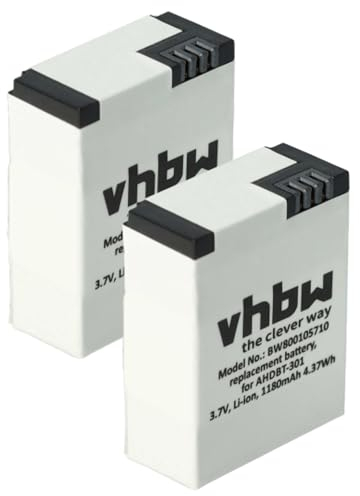 vhbw 2X Akku kompatibel mit GoPro Hero 3 III, 3 III CHDHX-301, 3 III Black Edition Videokamera Camcorder (1180 mAh, 3,7 V, Li-Polymer)