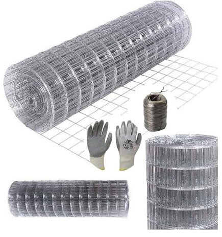 PINTO FERRAMENTA Rete Recinzione Elettrosaldata Metallica Zincata o Plastificata Verde Maglia 50X75mm rotolo Varie Misure in Omaggio Matassa Filo di Ferro e Guanti (H100X10mt, ZINCATA)