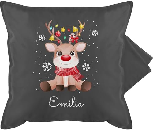 Kissenbezug - Weihnachtskissen Christmas Geschenke - Süßes Rentier mit Name Wunschtext I Geschenk Rentier Weihnachten I Rudolph Reindeer Rudolf - 50 x 50 cm - Grau - weihnachtskissenbezug