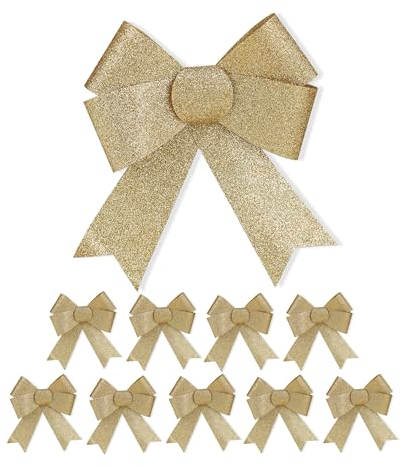 Relaxdays Schleife, 10er Set, große Zierschleife, Geburtstag, Weihnachten, Geschenk, glitzernde Dekoschleifen, Gold