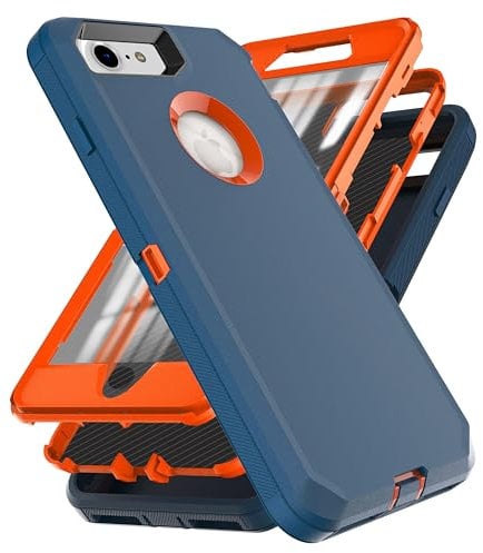 YmhxcY for iphone 8/7 iphone SE 2020/2022 Case with Built in Screen Protector Drop Proof 3-Layer Durable Cover/Shockproof Armor Drop Protection Solid Rubber Case for iPhone 8-Blue/Orange